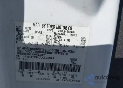 2010 Ford F-150 Fx2 Sport/Stx/Xl/Xlt из США, поврежденный, VIN 1FTEX1C84AKE75925